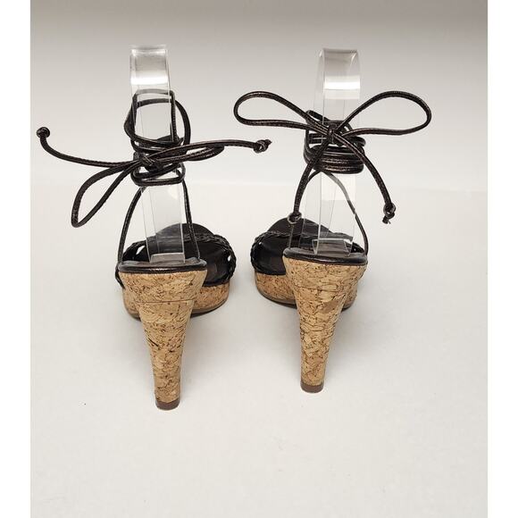 Antonio Melani Brown Macrame Woven Sandals Open Toe Ankle Wrap Cork Heel Sz 6.5 - Picture 7 of 11